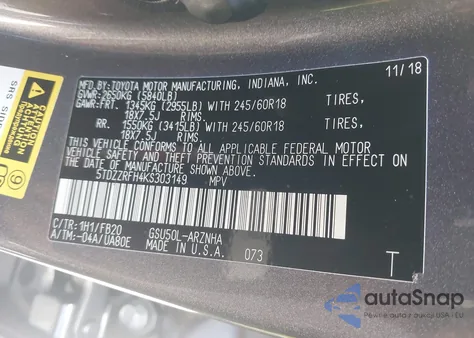 2019 Toyota Highlander Le z USA, uszkodzony, nr VIN 5TDZZRFH4KS303149